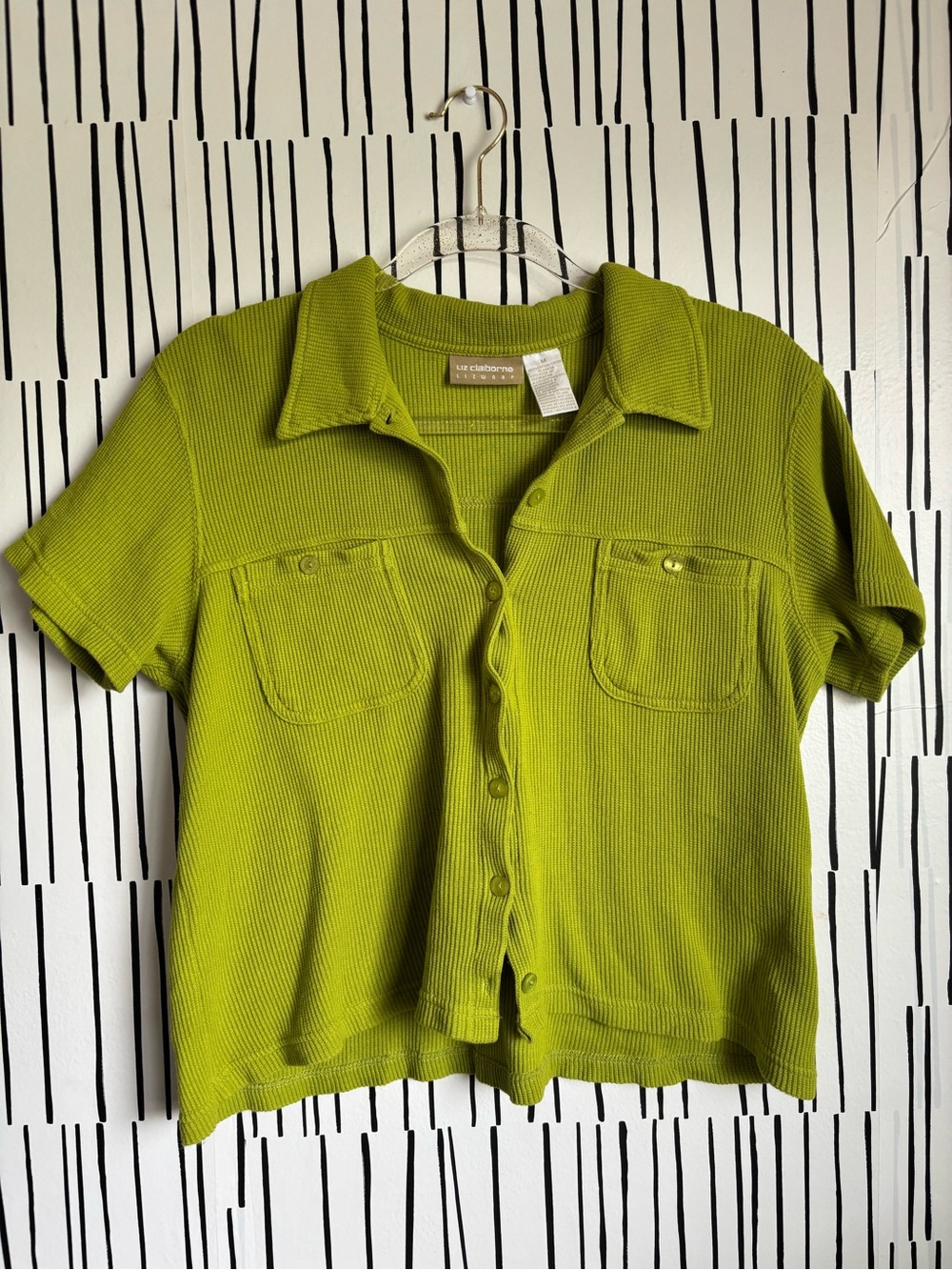 Y2K Liz Claiborne ‘Lizwear’ 100% Cotton Ribbed Knit Button-Up Crop Top